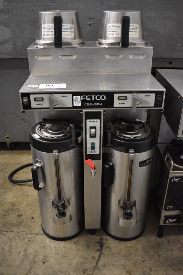 Fetco Model CBS-52H Stainless Steel Commercial Countertop Dual Coffee Machine w/ 2 Stainless Steel Servers and 2 Brew Baskets. 21x21x35