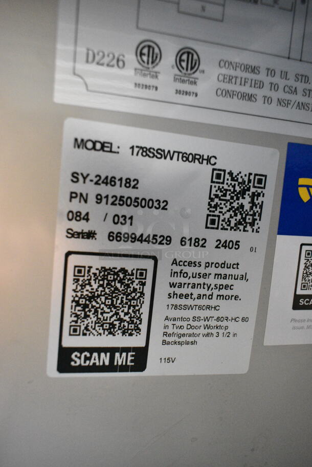 BRAND NEW SCRATCH AND DENT! 2024 Avantco 178SSWT60RHC Stainless Steel Commercial 2 Door Work Top Cooler on Commercial Casters. 115 Volts, 1 Phase. Tested and Powers On But Does Not Get Cold - Image 6 of 6
