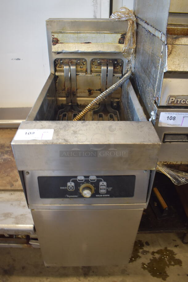 Frymaster H114SC Stainless Steel Commercial Electric Powered Deep Fat Fryer on Commercial Casters. 208 Volts, 3 Phase. 16x31x43