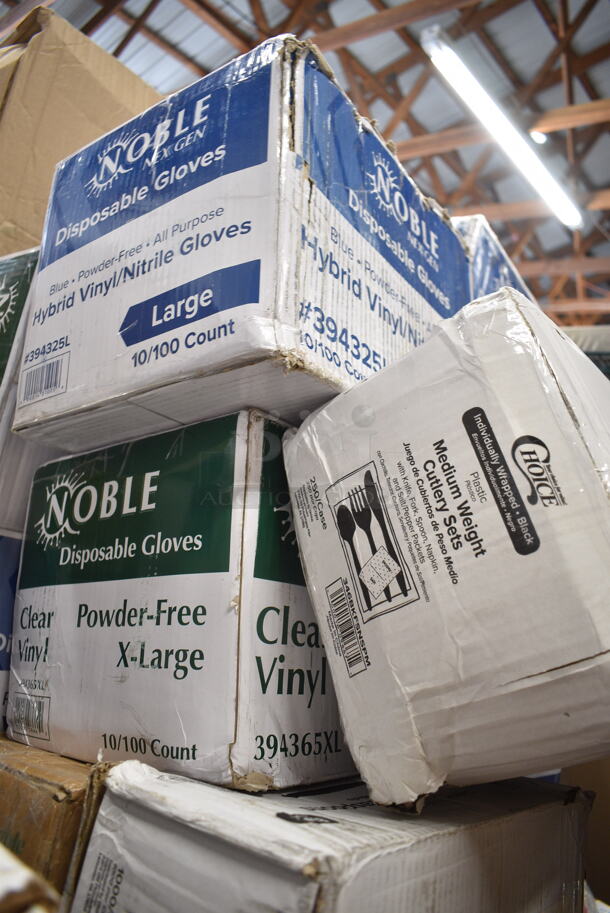 PALLET LOT of 45 BRAND NEW Boxes Including 5002386022BLK Lavex 55-60 Gallon 22 Micron 38" x 60" High Density Black Janitorial Can Liner / Trash Bag - 150/Case, 394365L Noble Products Powder-Free Disposable Clear Vinyl Gloves for Foodservice - Large - 1000/Case, 2 Box 130BSPOON Choice Medium Weight Black Plastic Teaspoon - 1000/Case, 394325L Noble NexGen Powder-Free Disposable Blue Hybrid 3 Mil Thick Gloves - 1000/Case, 5002CPTE Lavex 2-Ply White Center Pull Paper Towel 510' Roll - 6/Case, 612558HD Choice 8" Round Heavy Weight Foil Take-Out Pan - 500/Case, 3 Box Lavex Hardwound 665' Rolls, 128HD32COMBO ChoiceHD 32 oz. Microwavable Translucent Plastic Deli Container and Lid Combo Pack - 240/Case, 2 Box 346WKFSNSPM Choice White Medium Weight Wrapped Plastic Cutlery Pack with Napkin and Salt / Pepper Packets - 500/Case, 500CC12 Choice Clear PET Customizable Plastic Cold Cup - 12 oz. - 1000/Case, Tellus Round Domed Lids, 407PZS12BULK Choice Bulk 12" Aluminum Pizza Screen - 24/Case, 130LID16 Visions 16" Clear PET Plastic Round Catering Tray High Dome Lid - 25/Case. 45 Times Your Bid!  - Image 7 of 12
