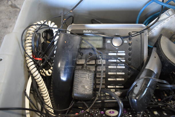 ALL ONE MONEY! Lot of Various Items Including Phone on Cradle and Various Wires in Gray Bus Bin! - Image 2 of 4