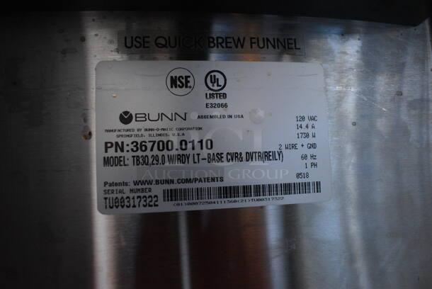 2018 Bunn TB3Q Stainless Steel Commercial Countertop Iced Tea Machine w/ Poly Brew Basket and 2 Metal Beverage Holder Dispensers. No Lids. 120 Volts, 1 Phase. 12x24x35 - Image 5 of 5
