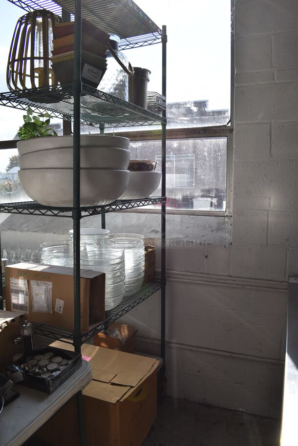 ALL ONE MONEY! Lot of Green Finish 5 Tier Shelving Unit on Commercial Casters w/ Contents Including Glass Bottles, Glass Bowls, Metal Baskets, Ceramic Bowl, Fabric, Decaf Coffee Blend. BUYER MUST DISMANTLE. PCI CANNOT DISMANTLE FOR SHIPPING. PLEASE CONSIDER FREIGHT CHARGES. 36x18x92