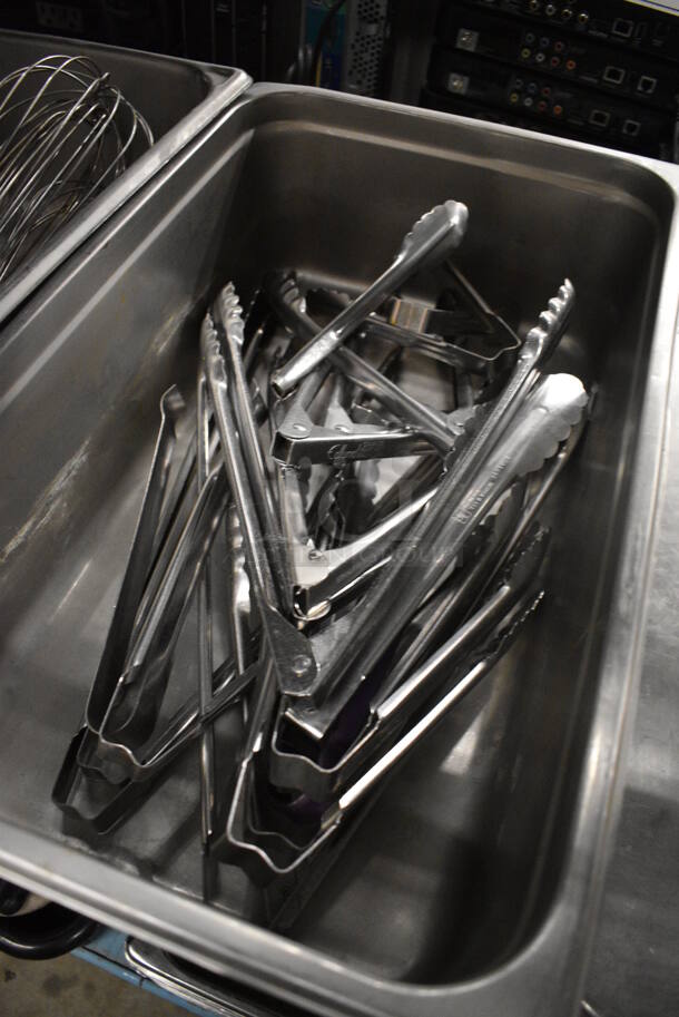 ALL ONE MONEY! Lot of Various Metal Tongs in Stainless Steel Bin! 13x21x6 - Image 3 of 4