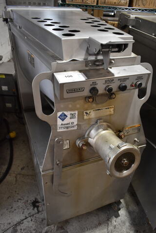 Hobart MG2032 Metal Commercial Floor Style Electric Powered Meat Mixer Grinder w/ Foot Pedal on Commercial Casters. 208 Volts, 3 Phase. Tested and Working!