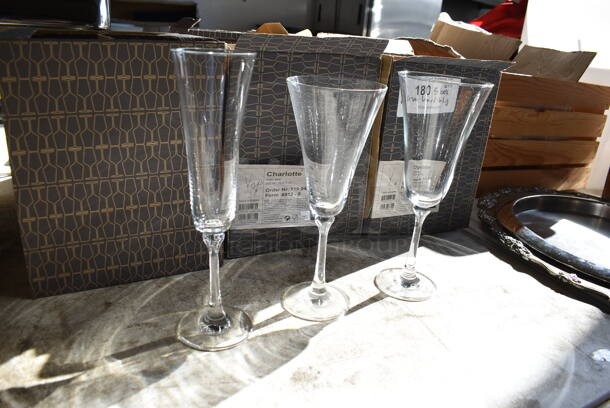 5 Boxes of BRAND NEW Glasses; Charlotte Champagne Glasses. 6 Small, 6 Medium and 6 Large. 3x3x10, 3.5x3.5x9, 4x4x9. 5 Times Your Bid! - Image 6 of 6