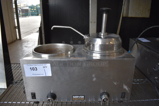 Server Model TWIN FS Stainless Steel Countertop 2 Well Food / Syrup Warmer w/ 1 Pump Lid. 120 Volts, 1 Phase. 17x8.5x15. Tested and Working!