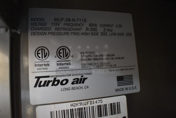 Turbo Air Model MUF-28-N-711S Stainless Steel Commercial Single Door Under Counter Freezer w/ Poly Clear Sneeze Guard. 115 Volts, 1 Phase. 27.5x30x63. Tested and Working! - Image 7 of 7