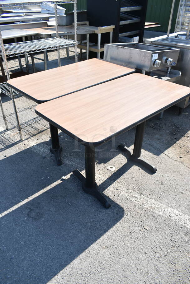 3 Wood Pattern Dining Height Table on 2 Black Metal Straight Leg Table Bases. 2 Times Your Bid!  - Image 1 of 5
