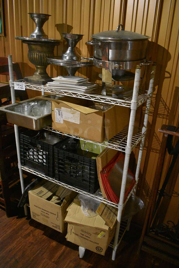 White Finish 4 Tier Shelving Unit w/ Contents Including Chafing Dish Frames, Cake Stands, Glass Bowls. BUYER MUST REMOVE. BUYER MUST DISMANTLE. PCI CANNOT DISMANTLE FOR SHIPPING. PLEASE CONSIDER FREIGHT CHARGES. 36x14x55. (bar) - Image 2 of 6