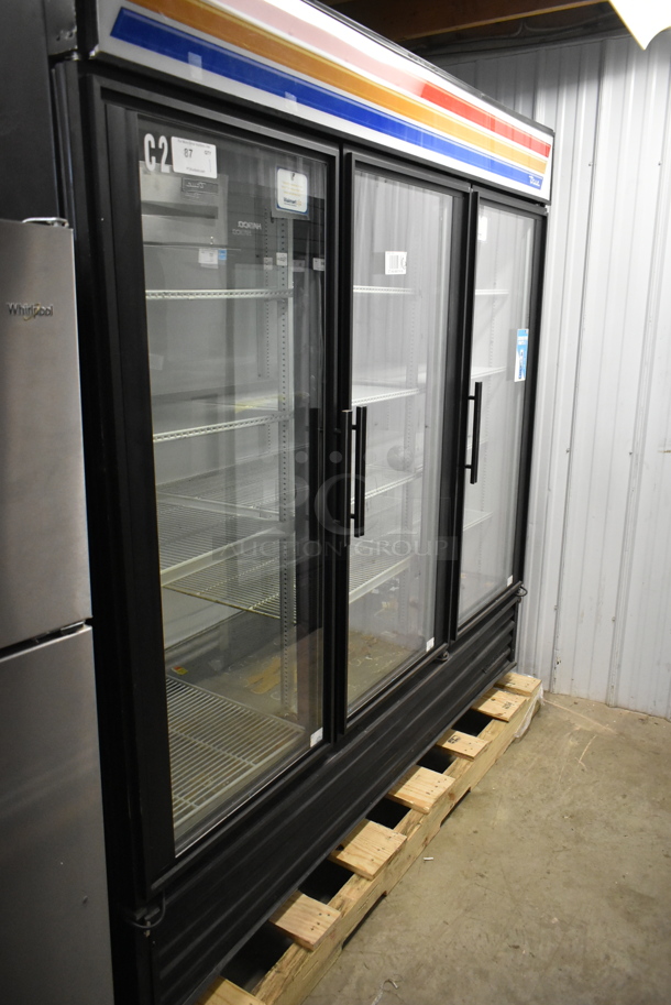 True GDM-72 Metal Commercial 3 Door Reach In Cooler Merchandiser w/ Poly Coated Racks. 115 Volts, 1 Phase. Tested and Does Not Power On