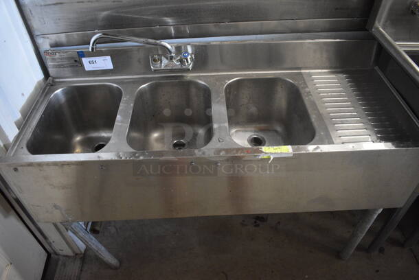 Stainless Steel Commercial 3 Bay Sink w/ Right Side Drainboard, Faucet and Handles. 48x18x32. Bays 10x14x9. Drainboard 12x16x1