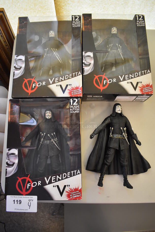 4 V for Vendetta Guy Fawkes Figurines; 3 BRAND NEW IN BOX. 4 Times Your Bid!