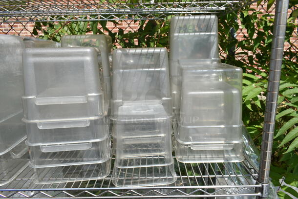 Chrome Finish 4 Tier Wire Shelving Unit w/ Contents Including Poly Bins, Poly Lids, Bus Bin. BUYER MUST DISMANTLE. PCI CANNOT DISMANTLE FOR SHIPPING. PLEASE CONSIDER FREIGHT CHARGES. - Image 3 of 12