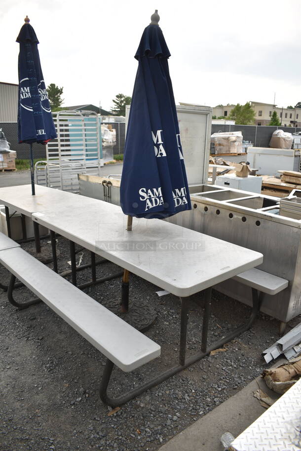 Lifetime Gray Poly Picnic Table on Black Metal Frame w/ Samuel Adams Patio Umbrella.  - Image 1 of 5