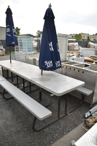 Lifetime Gray Poly Picnic Table on Black Metal Frame w/ Samuel Adams Patio Umbrella. 
