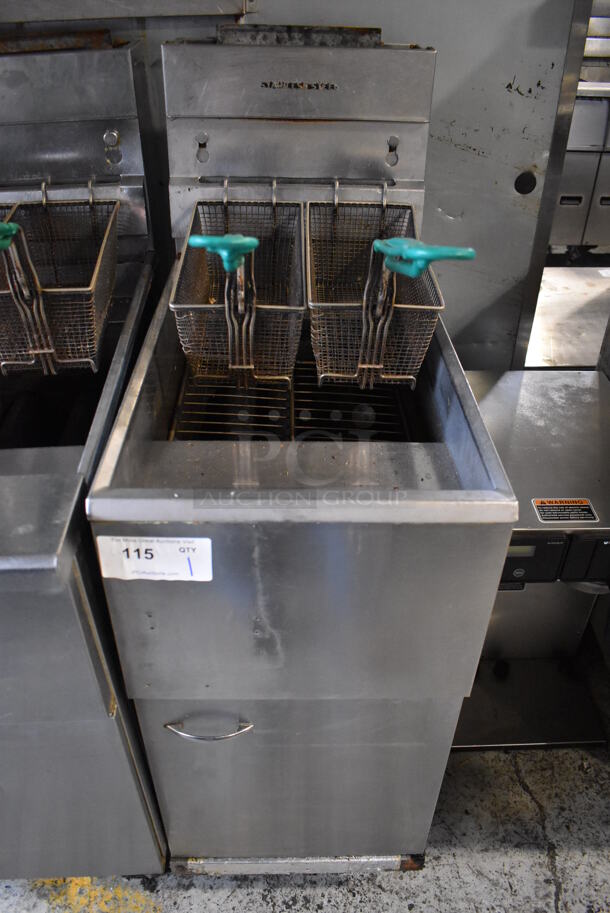 Pitco Frialator 40C Stainless Steel Commercial Floor Style Natural Gas Powered Deep Fat Fryer w/ 2 Metal Fry Baskets on Commercial Casters. 105,000 BTU. 15.5x30x48