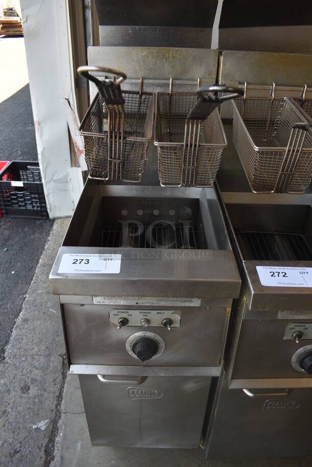 Keating Model 10X11BBSI Stainless Steel Commercial Floor Style Gas Powered Deep Fat Fryer w/ 2 Metal Fry Baskets on Commercial Casters. 12.5x26x51