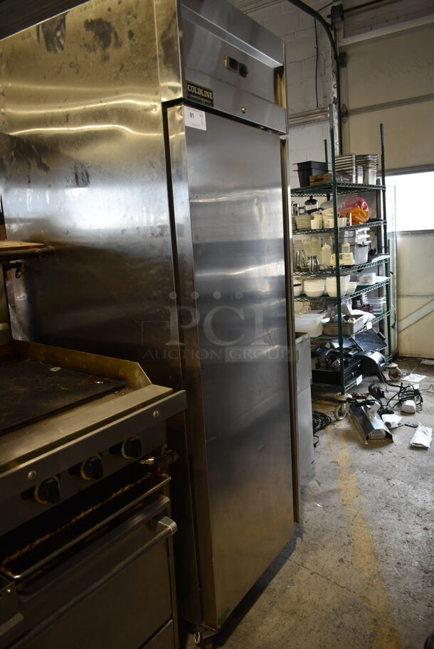 Coldline M28R Stainless Steel Commercial Single Door Reach In Cooler w/ Poly Coated Racks on Commercial Casters. 115 Volts, 1 Phase. Tested and Working! - Image 1 of 6