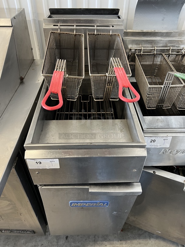 Imperial Stainless Steel Commercial Propane Gas Powered Floor Style Deep Fat Fryer w/ 2 Metal Fry Baskets on Commercial Casters. 15.5x31x48