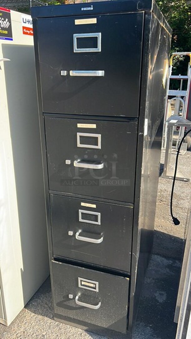 HON Black Four-Drawer Vertical Letter File Cabinet|Dent on the side