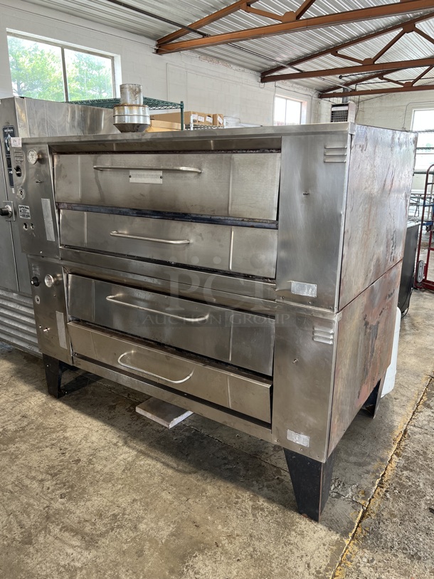 2 Bari Model M648L Stainless Steel Commercial Natural Gas Powered Single Deck Pizza Oven on Metal Legs. Comes w/ Cooking Stone. 135,000 BTU. 78x45x66. 2 Times Your Bid!