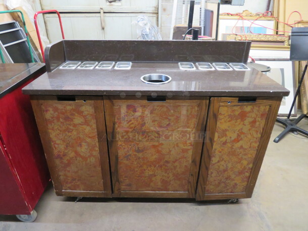 One Work Station With A Laminate Top 8-1/9 Size Hotel Pans, 7 Inch Trash Hole With Pull Out Drawer With Trash Can, 2 Doors With Under Storage, And Back Splash. 54X24X42 - Image 1 of 5