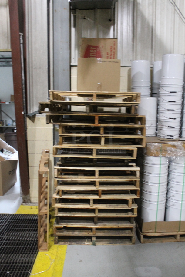 ALL ONE MONEY! Lot of 16 Wooden Pallets and 2 Cardboard Boxes. BUYER MUST REMOVE. - Image 1 of 3