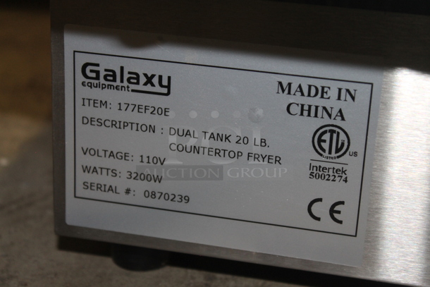BRAND NEW! Galaxy 177EF20E Stainless Steel Countertop Electric Powered 20 Pound Dual Tank Fryer w/ 2 Metal Fry Baskets and Lids. 110 Volts, 1 Phase. Tested and Working! - Image 7 of 7