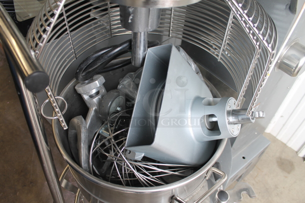 BRAND NEW SCRATCH AND DENT! Avantco 177MX60H Commercial Stainless Steel Electric 60 Quart Floor Mixer With Stainless Steel Bowl, Bowl Guard, Whisk, Paddle And Additional Pieces. 240V, 3 Phase.  - Image 7 of 10