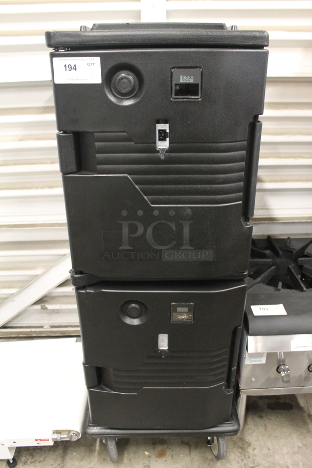 BRAND NEW SCRATCH AND DENT! Cambro CAM6000 Commercial Electric Stacked Black Heated Food Pan Carriers On Commercial Casters. 110-120V. Tested and Working!