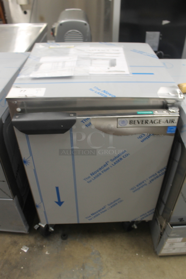 BRAND NEW SCRATCH AND DENT!  Beverage Air UCR20HC-ADA Stainless Steel Commercial 20" Low Profile Undercounter Single Door Cooler on Commercial Casters. 115 Volts, 1 Phase. Tested and Working! - Image 1 of 5