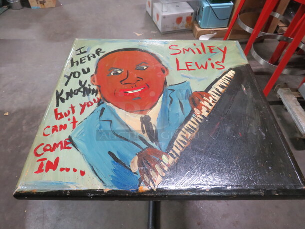 One 28X30X30 Painted Wooden Table Top On A Pedestal Base. Smiley Lewis.  - Image 1 of 2