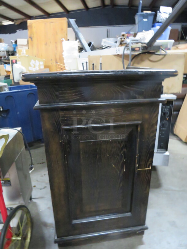 One Black Wooden 1 Door Hostess Stand With Under Storage On Casters, OR A 1 Door Trash Receptacle! 30X24X48 - Image 4 of 4
