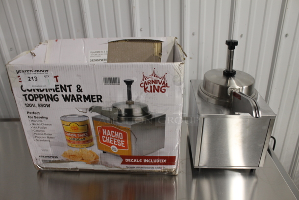 BRAND NEW SCRATCH AND DENT! Carnival King 382HSPW35 Stainless Steel Electric Countertop 3.5 Quart Condiment And Topping Warmer With Pump. 120V. Tested And Working! 