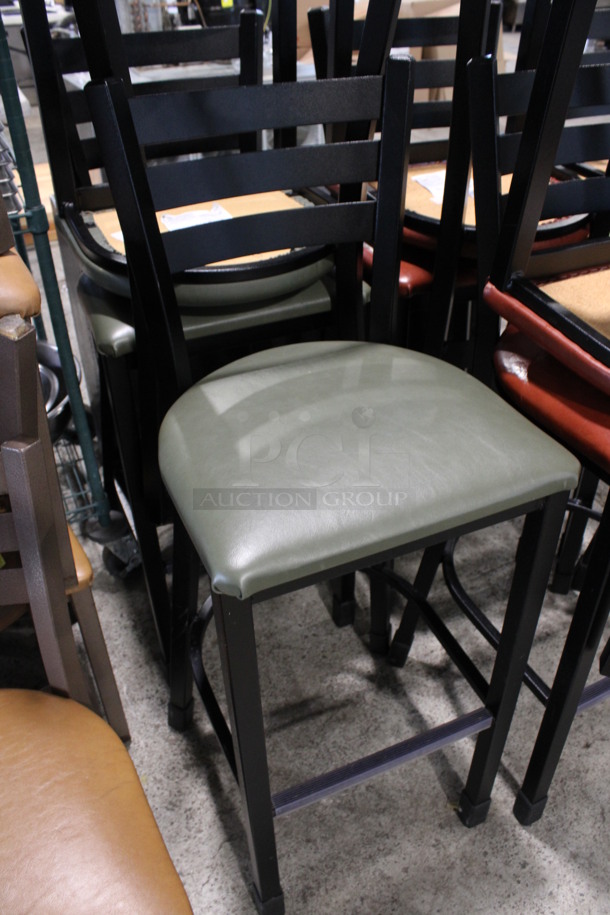 2 Black Metal Bar Height Chairs w/ Green Seat Cushion. 17x16x43. 2 Times Your Bid! - Image 2 of 3