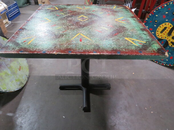One 30X30X30 Abstract Painted  Table Top On A Pedestal Base. Chipped Corner See Pic. - Image 3 of 3