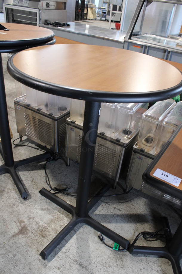 Round Wood Pattern Bar Height Table w/ Black Rim on Black Metal Table Base. Stock Picture - Cosmetic Condition May Vary. 30x30x42 - Image 4 of 4