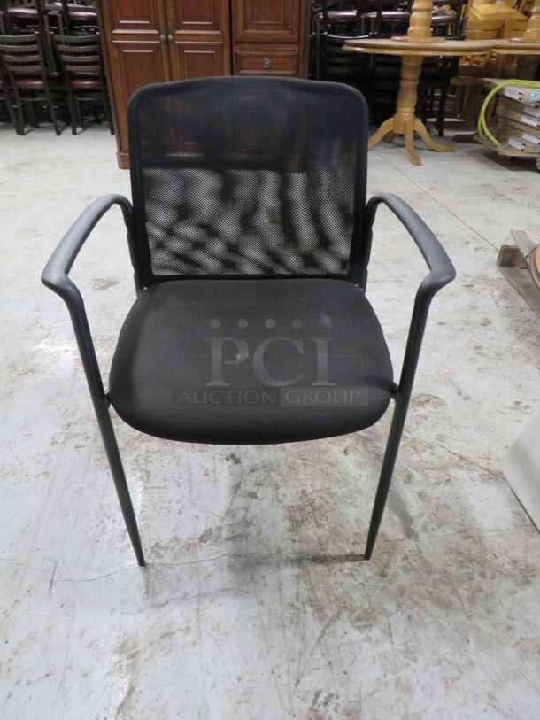 Black Metal Stack Chair With Cushioned Seat And Mesh Back. 2XBID