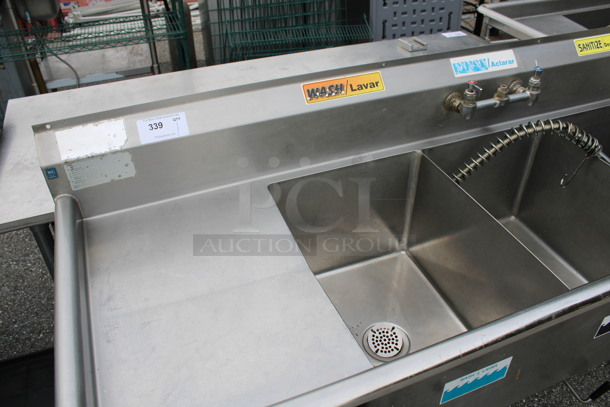 Duke Stainless Steel Commercial 3 Bay Sink w/ Dual Drainboards, Faucet, Handles and Spray Nozzle Attachment. 84x27x43. Bays 16x21x14. Drainboards 16x23x1 - Image 3 of 5