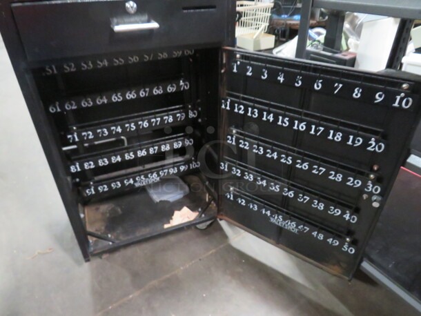 One Black Metal Valet/Hostess Stand With Umbrella Holder, Locking 1 Door/1 Drawer, On Casters. NO KEY! Will Hold 100 Car Keys. 24X19X48 - Image 3 of 5