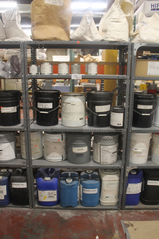 Gray Metal 5 Tier Shelving Unit w/ Contents Including Thorcoflame, Pro Flex Primer, Restoration Coating, Primer Clear. BUYER MUST REMOVE. - Image 1 of 12