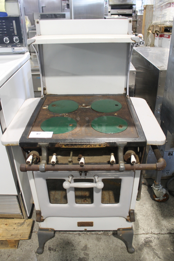 VINTAGE! Alacazar Metal Commercial Gas Powered 4 Burner Range w/ Oven, Over Shelf and Back Splash. 