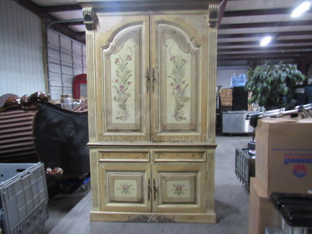 One 2 Piece Wooden Tole Painted Armoire With 4 Doors, 2 Drawers, And 1 Shelf. VERY HEAVY! 59X32X96