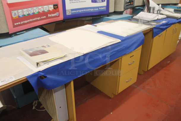 Yellow 3 Drawer Desk w/ Contents including White Poly Box Fan. - Image 2 of 5
