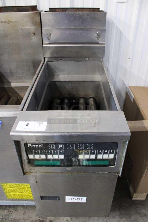 2010 Pitco Frialator Model SFSG14 Stainless Steel Commercial Natural Gas Powered Floor Style Deep Fat Fryer on Commercial Casters. 110,000 BTU. 15.5x35x49