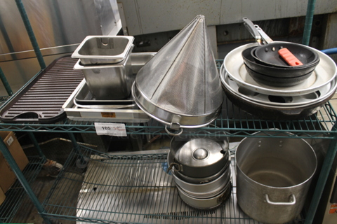 ALL ONE MONEY! Two Tier Lots of Various Items Including Metal Skillets, China Cap Strainer and Stock Pot