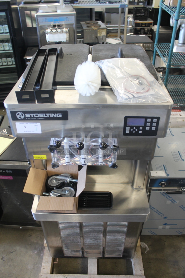 BRAND NEW! 2022 Stoelting O231-30912F Commercial Stainless Steel Air Cooled Soft Serve Ice Cream Machine With 2 Hoppers. Includes Box of Commercial Casters, Operators Manual And Cleaning Supplies. 208-230V, 3 Phase. Tested And Working!  - Image 12 of 12
