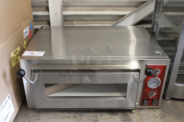 BRAND NEW SCRATCH AND DENT! Avantco 177DPO18DS Stainless Steel Commercial Countertop Electric Powered Single Deck Pizza Oven w/ Cooking Stone. 120 Volts, 1 Phase. Tested and Working! - Image 1 of 5