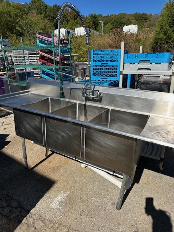 One 3 Compartment Stainless Steel Sink With Faucet And Hose Sprayer, And R/L Drain Boards. 91X31X42. Sink 18X24X14.  - Image 2 of 3